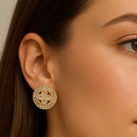 Brinco Mandala Trevo Com Navetes Cristais Banhado a Ouro