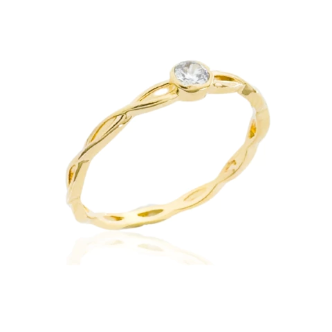 Anel Solitário Aro Trançado Banhado a Ouro