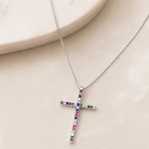 Colar Crucifixo Cravejado Zircônias Colors Banhado a Prata