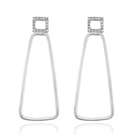 Brinco Retângulo Vazado e Quadrado Cravejado Banhado a Prata