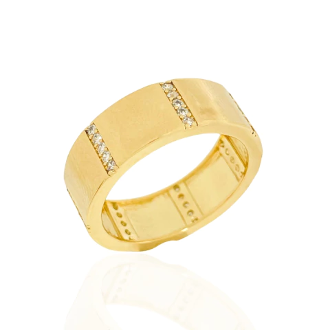 Anel Aliança Fileiras Cravejadas Cristal Banhado a Ouro