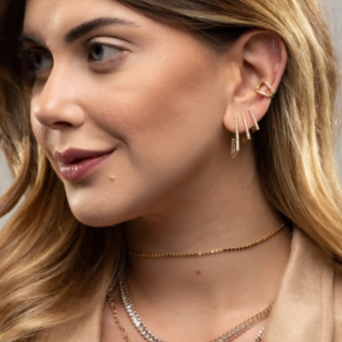 Trio de Brinco Argola J Reta Zircônia Cristal Banhado a Ouro