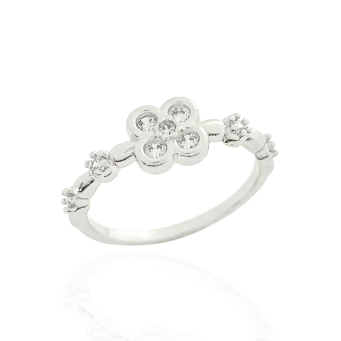 Anel Trevo Cristal e Pontos de Luz Banhado a Prata