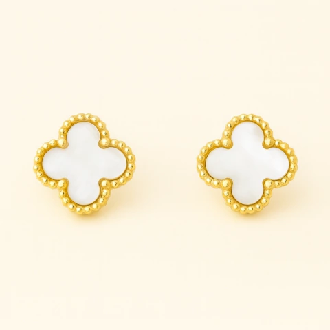 Brinco Trevo Madrepérola com Detalhe Dourado em Aço Inoxidável