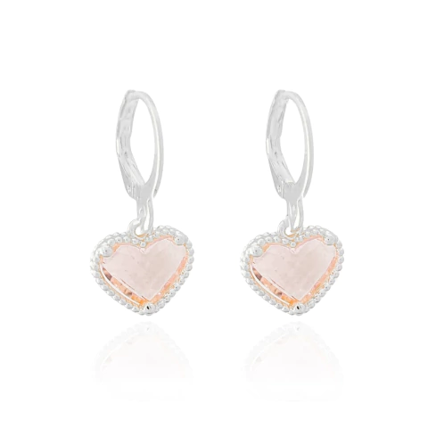 Brinco Argolinha Coração Rosa Banhado a Prata