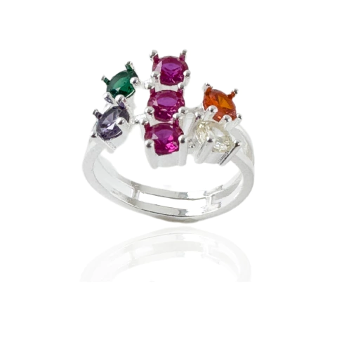 Anel Zircônias Coloridas Banhado a Prata