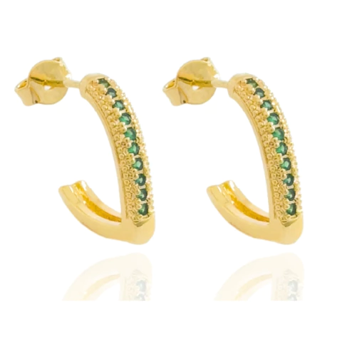 Brinco Argolinha Triangular Cravejada Verde Banhado a Ouro