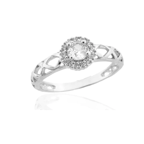 Anel Solitário Cristal Com Aro Xadrez Vazado Banhado a Prata