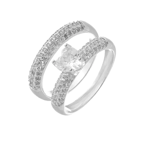 Anel Duplo Solitário Coração com Aparador Banhado a Prata