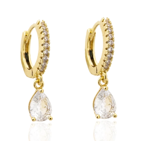 Brinco Argolinha Gotinha e Zircônias Cristais Banhado a Ouro