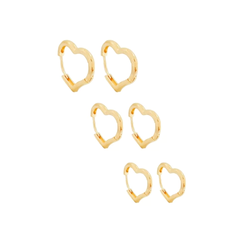 Trio de Brincos Argolinhas Corações Lisos Banhado a Ouro