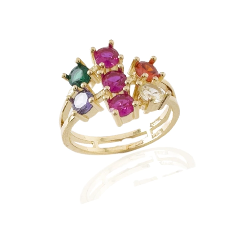 Anel Zircônias Coloridas Banhado a Ouro