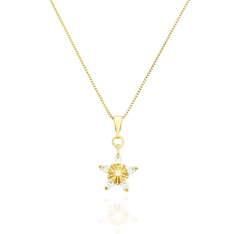 Colar Flor Com Zircônias Cristais Banhado a Ouro