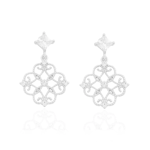 Brinco Rendado Com Zircônias Cristais Banhado a Prata