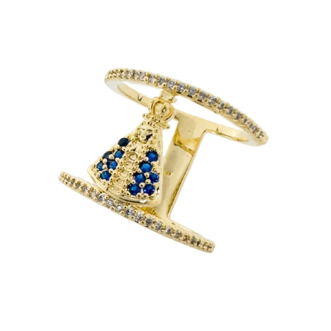 Anel Aro Duplo Nossa Senhora Cravejado Banhado a Ouro