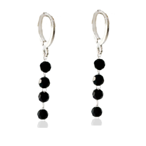 Brinco Argolinha Pedras Pretas Banhado Prata