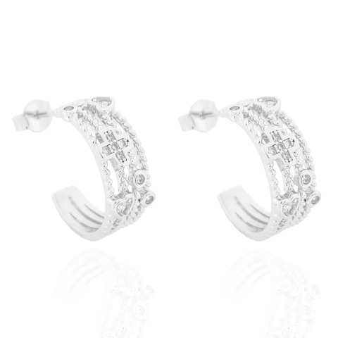 Brinco Argola Quatro Fios Torcidos e Zircônias Banhado a Prata