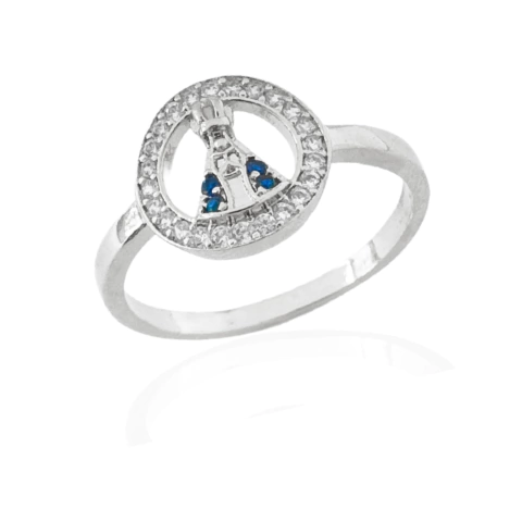 Anel Círculo Cravejado e Nossa Senhora Banhado a Prata