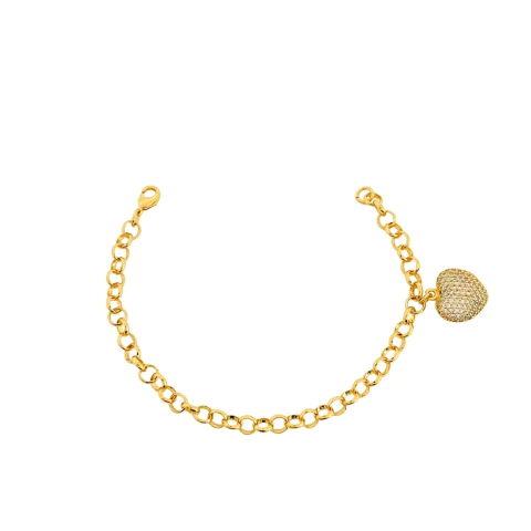 Pulseira Elo Português e Coração Cravejado Banhada a Ouro