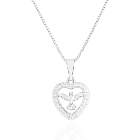 Colar Coração Cravejado Espírito Santo Banhado a Prata