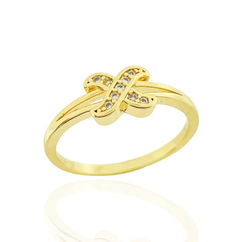 Anel X Cravejado Cristal Banhado a Ouro