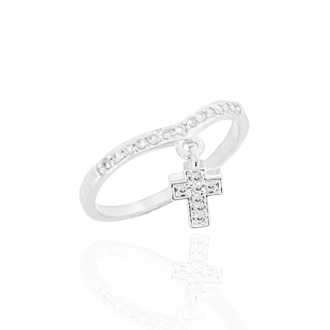 Anel Pingente Crucifixo Zircônia Cristal Banhado a Prata