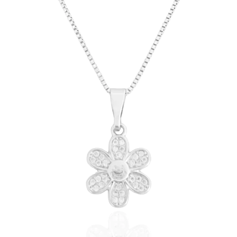 Colar Florzinha Pétalas Cravejadas Banhado a Prata