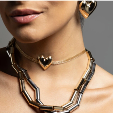 Colar Choker Malha com Coração Liso Banhado a Ouro - comprar online