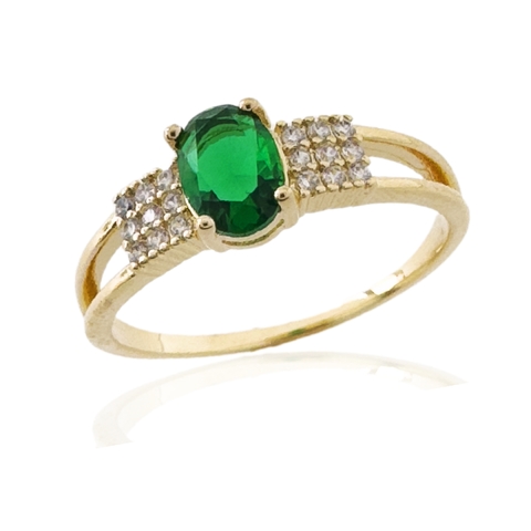 Anel Pedra Verde Oval e Zircônias Cristais Banhado a Ouro
