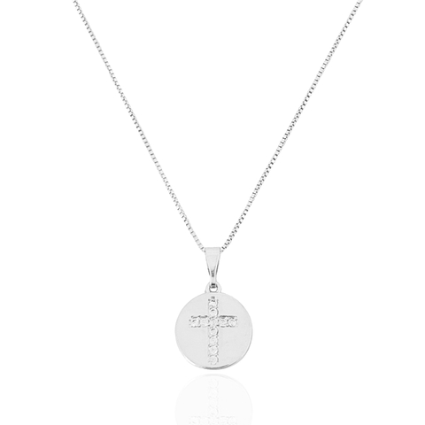 Colar Mini Medalha e Crucifixo Cristal Banhado a Prata