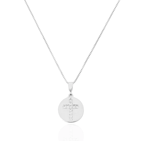 Colar Mini Medalha e Crucifixo Cristal Banhado a Prata