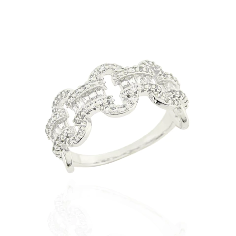 Anel Correntes Cravejadas e Navetes Cristais Banhado a Prata