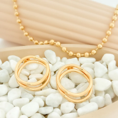 Brinco Redondo Ondulado Duplo Banhado a Ouro