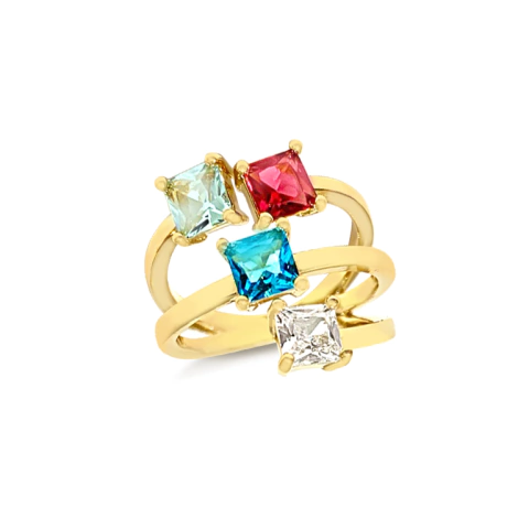 Anel Pedras Quadradas Coloridas Banhado a Ouro