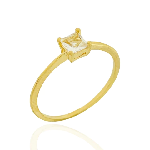 Anel Solitário Zircônia Quadrada Cristal Banhado a Ouro