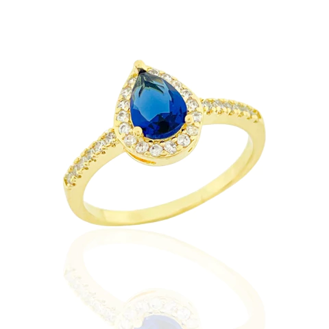 Anel Princesa Gota Zircônias Azul Safira Banhado a Ouro
