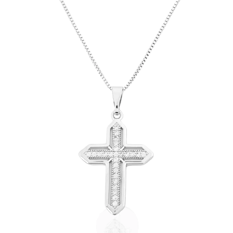 Colar Crucifixo Cravejado Cristal Banhado a Prata