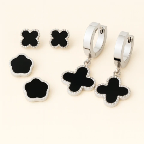 Trio de Brincos Trevo Black Prateado em Aço Inoxidável