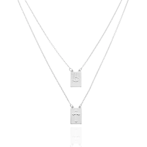 Escapulário Cruz e Olho Grego Banhado a Prata