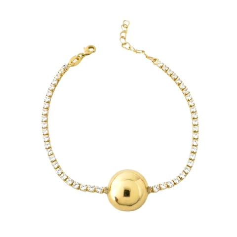 Pulseira Riviera Cristal Com Bola Lisa Banhada a Ouro