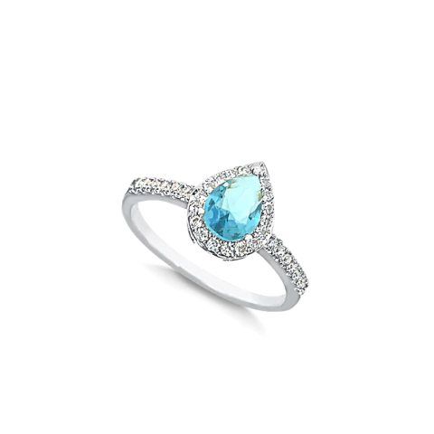 Anel Princesa Gota Zircônias Azul Turquesa Banhado a Prata