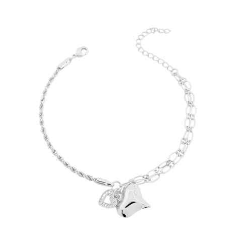 Pulseira Cordão Baiano e Elos Ovais Corações Banhada a Prata