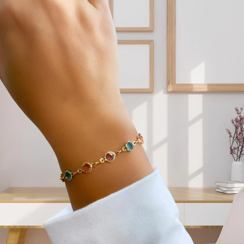 Pulseira Zircônias Redondas Colors Banhada a Ouro