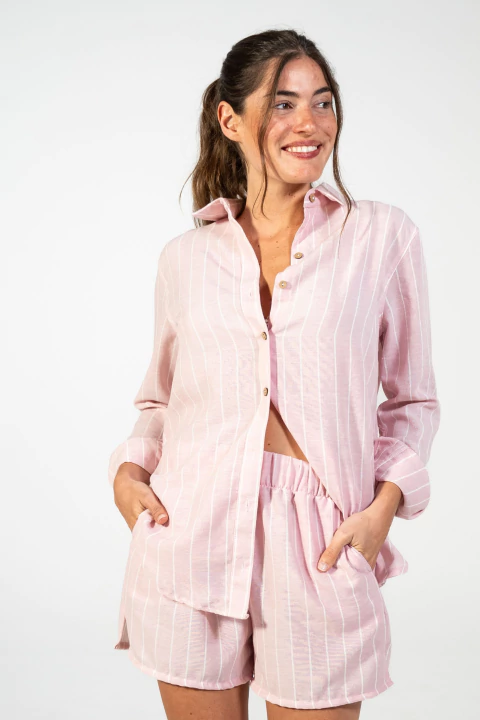 Camisa lino rayas rosa - comprar online