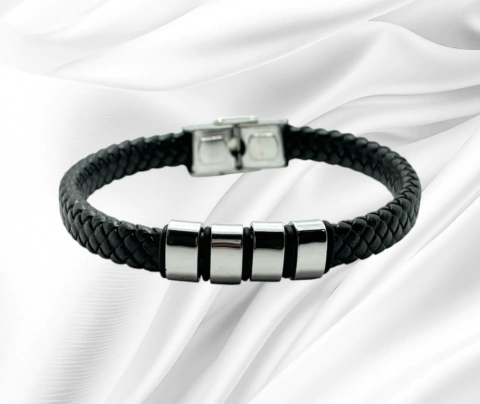 CUERO-1/18 Pulsera Cuero "Entretejida Eslabones" Cierre Imantado