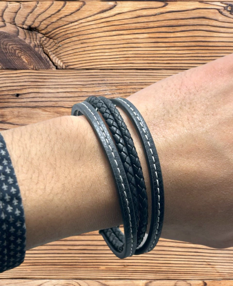 CUERO-1/23 Pulsera Cuero "Entretejida Triple Pespunteada" Cierre Imantado