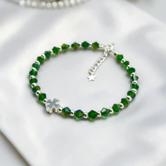 VOL-201 Pulseras Cristal Roca "Verde + Trébol" (18cm + extensión) Plata 925