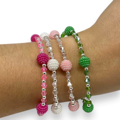VOL-100 Pulsera Cristales de Roca y Microperlas - Variedad de colores Acero Blanco