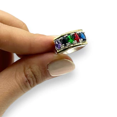 AG-412-MU-2 Anillo Piedras Multicolor Oscuro Plata y Oro (SIN ESTUCHE) en internet