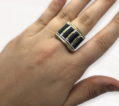 AG534 Anillo Plata y Oro Grande con detalles Negros